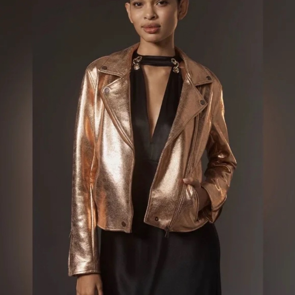 NWOT Anthropologie The Saige Metallic Faux-Leather Moto Jacket Medium